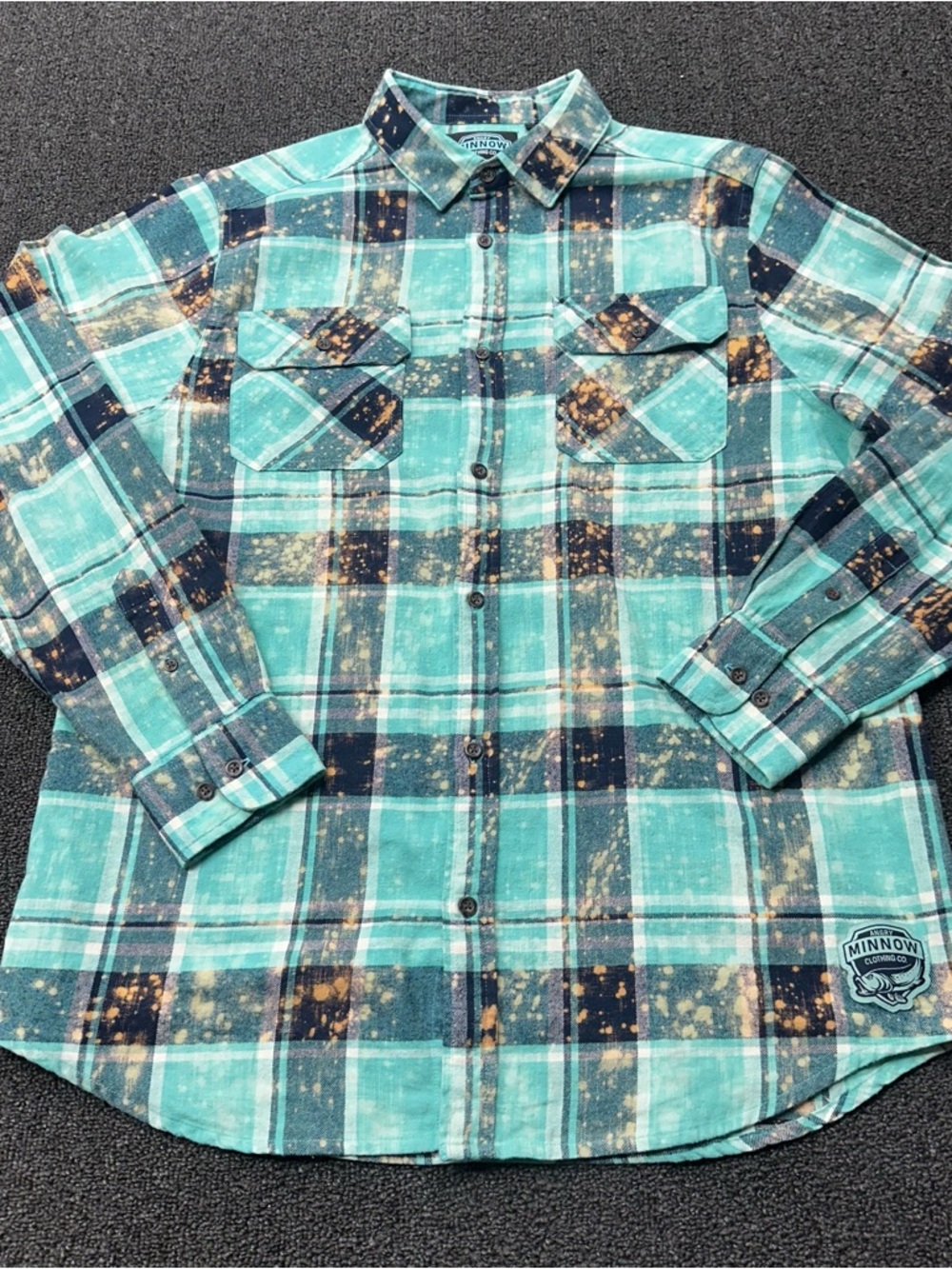 ANGRY MINNOW Mens Medium Teal Bleach Drink Wine Judge People L Flannel Shirt - Picture 2 of 8